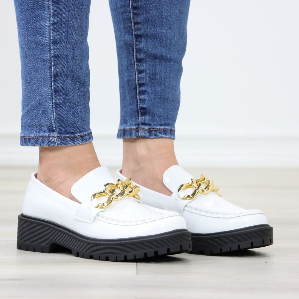 White Patent Chunky Lug Sole Slip On Penny Loafers Platform With Gold Chain - Picture 4 of 16